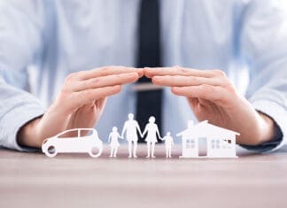 Insurance protecting family health live, house and car concept.