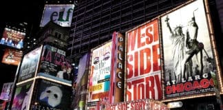 Broadway theater billboards in Times Square