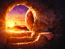Empty Tomb With Shroud And Crucifixion At Sunrise - Risen Resurrection