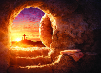 Empty Tomb With Shroud And Crucifixion At Sunrise - Risen Resurrection