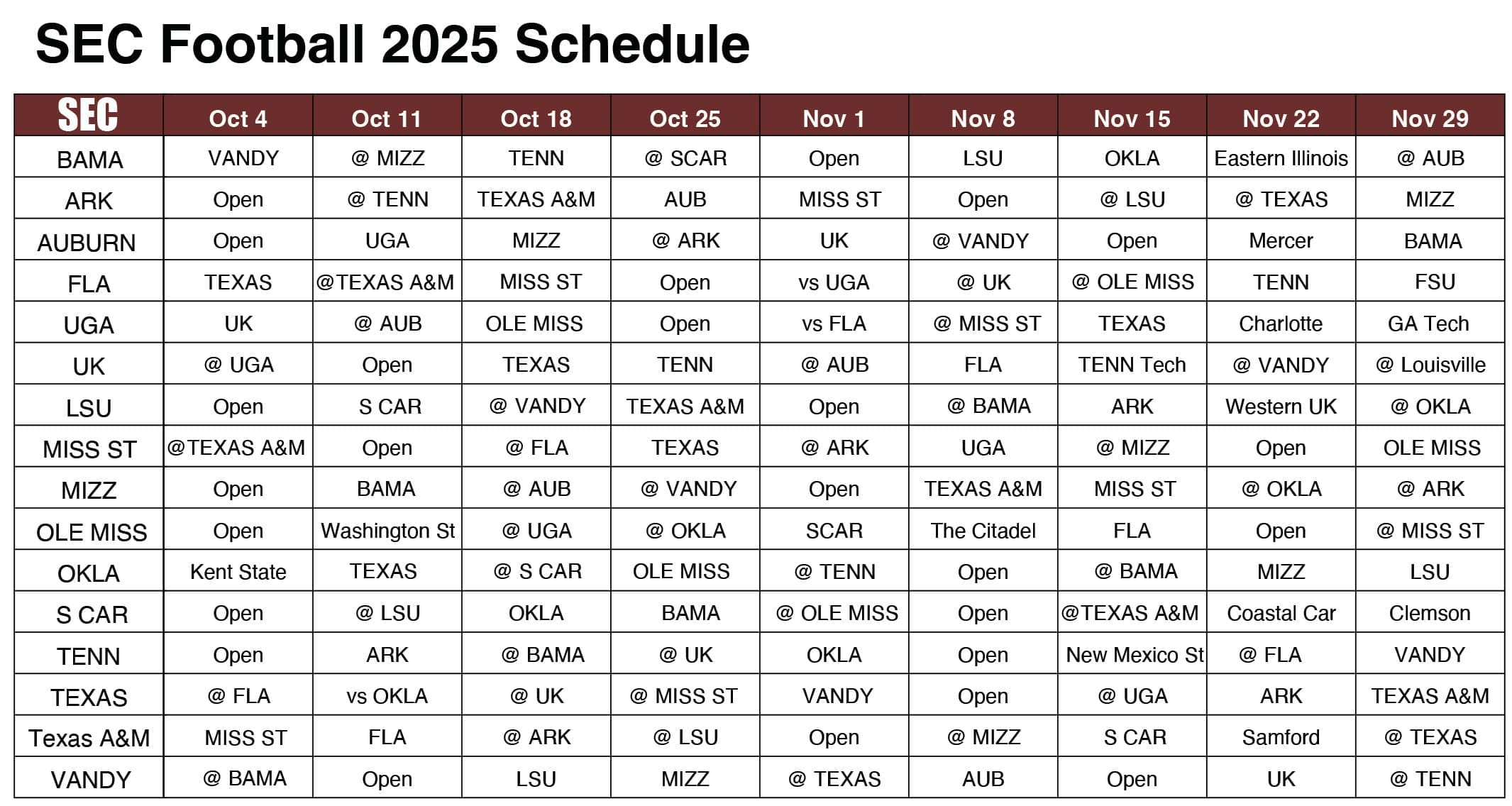 FINAL SEC 2025 Football Schedule Grid Final MaroonGray Editable Letter Abbreviated All MixedFont Larger