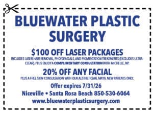 Destin Life coupons 0426 Bluewater Plastic Suregery 1