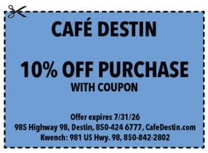 Destin Life coupons 0426 Cafe Destin